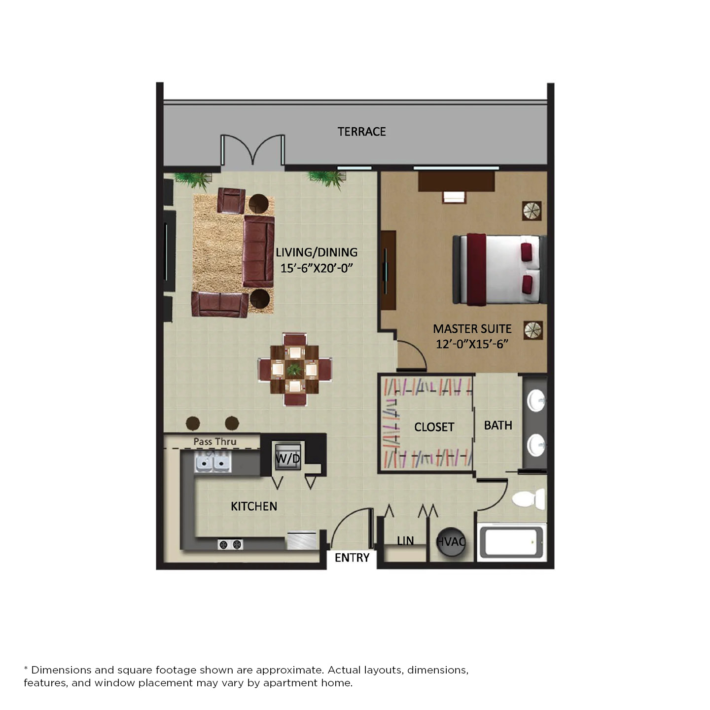 Floor plan for 1 bed, 1 bath, 788 sqft